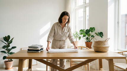 Woman Folding Laundry in Modern Minimalist Living Room