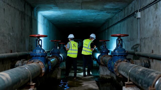 Medium shot of maintenance workers inspecting subsurface drainage valves controlling groundwater movement beneath urban infrastructure.