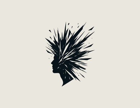 Dynamic black side profile silhouette with sharp chaotic geometric shards exploding from the complex mind. Mental explosion concept
