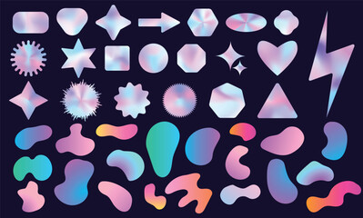 Vibrant gradient abstract shapes collection featuring geometric forms, blobs, stars, hearts, and dynamic elements. Modern holographic and neon color effects perfect for branding, posters, digital art,