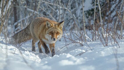 Fototapeta premium A wolf walking in snow-covered forest during winter.
