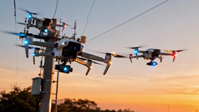 Routine equipment inspection by agile drones at dusk highlighting cuttingedge technology with the skys warm glow as a backdrop.