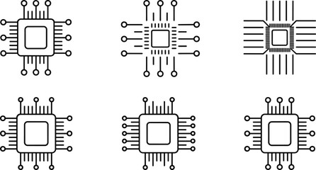 Colorful microchip icon set showcasing digital circuitry, processor technology, electronic components, system design, and modern hardware