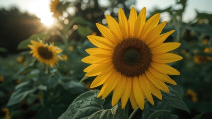 Obraz premium Sunflower in bloom during sunset with vibrant yellow petals and green leaves. Nature and floral scene. The beauty of summer and garden flowers.