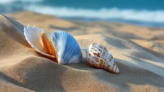 Beach sand and seashells under soft morning light, natural texture harmony, peaceful mood, with copy space.
