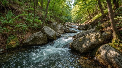 A forest stream with rocks in a lush green woodland setting. Nature and wilderness, natural landscape. The scene of a flowing river in the forest.