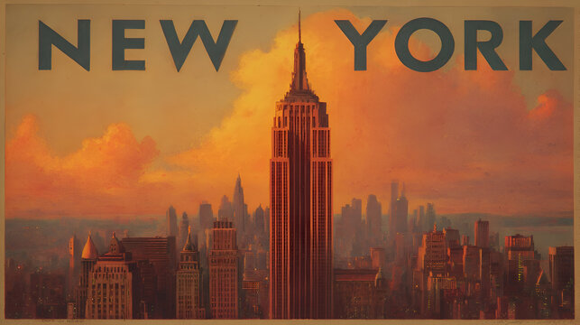 Iconic empire state building at sunrise in vintage new york city poster design
