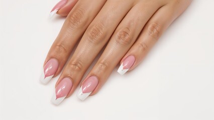 Naklejka premium Hand with manicured nails showing pink base and white tips. Beauty and fashion, nail art. Manicure and grooming. The concept of nail care and aesthetics.