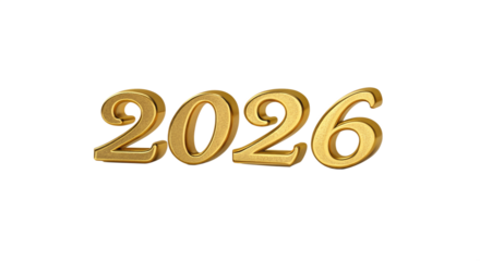 Golden, three-dimensional "2026" numerals, slightly angled, centered on a white background, bathed in soft, even light, creating a celebratory, optimistic mood.

