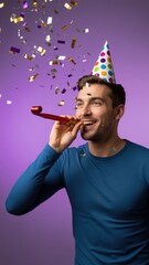 Happy young man celebrating with party hat and horn under falling confetti. Vertical portrait of cheerful male enjoying birthday party on purple background