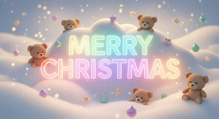 A magical Christmas scene featuring glowing holographic text ‘Merry Christmas’