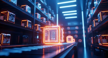 Neon lit corridor with glowing portals and shelves