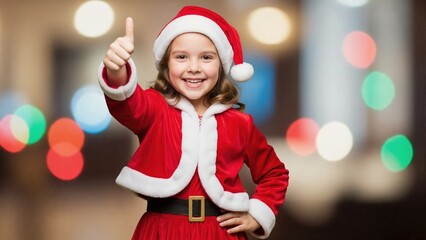Happy child in Santa Claus costume showing thumbs up gesture. Smiling little girl celebrating Christmas holiday on festive bokeh lights background.