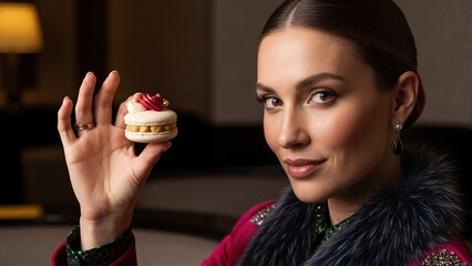 Naklejka premium Elegant woman holding gourmet macaron dessert. Stylish female model in magenta coat enjoying luxury sweet treat. Fine dining and confectionery concept