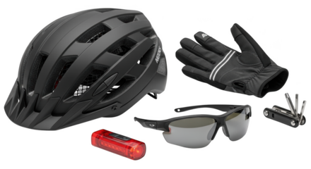 Black bicycle helmet cycling gloves sunglasses taillight and multi tool image