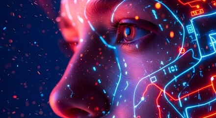 Futuristic cyberpunk portrait with neon lines and circuitry