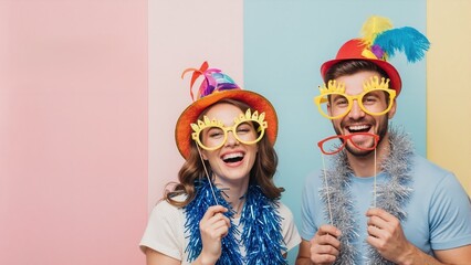 Happy young couple has fun with party props in photo booth. Cheerful man and woman smile in costumes and novelty glasses against colorful background with copy space