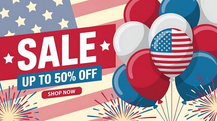 Illustration of usa independence day sale banner with balloons and fireworks