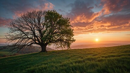 Fototapeta premium A large tree with both bare and leafy branches during sunset over a grassy field.