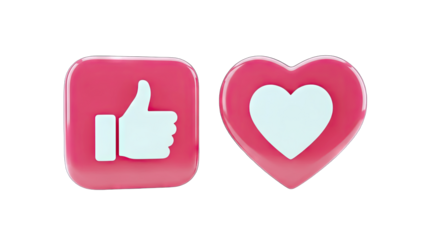 3D Like and Heart Icons on White Background