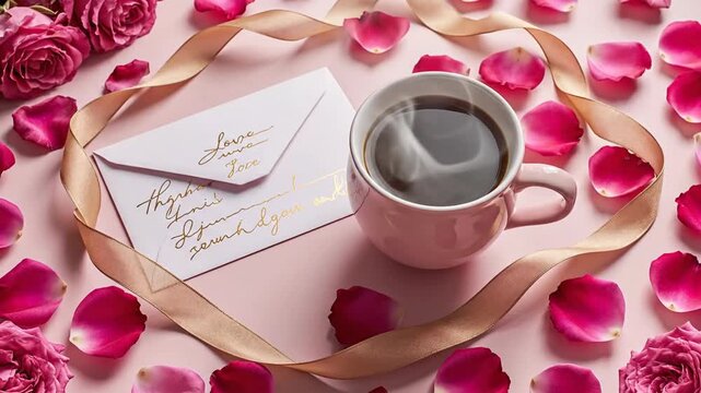 Romantic morning setup with steaming coffee, rose petals, golden ribbon, and love letter.