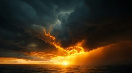 Fototapeta premium Dramatic lightning storm over ocean at sunset nature photography majestic seascape atmospheric conditions wide-angle view for impactful imagery
