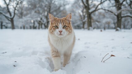 A cat walking through snow in a winter landscape with trees and snow-covered ground.