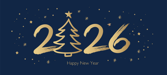 Happy New Year 2026 Greeting Card with Golden Brush Strokes