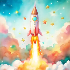 Fototapeta premium Colorful rocket launching into the sky with stars and clouds on a vibrant background