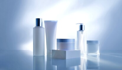 A collection of stylish skincare products arranged elegantly against a soft light background. The minimalist design highlights freshness and beauty. Perfect for branding and promotion. AI