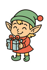 Elf Holding Gift Sticker Badge, Cartoon Clean Line Style