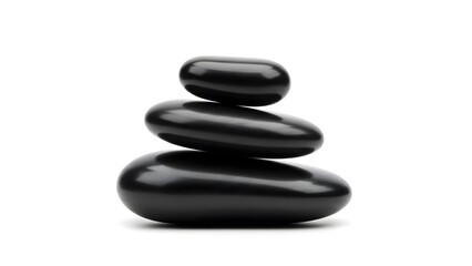 Three smooth black polished spa stones stacked in a balanced pyramid on a pure white background.