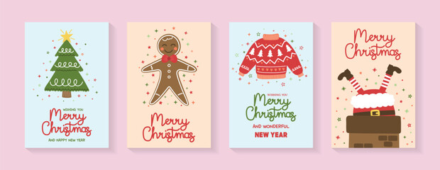 Christmas greeting card collection. Posters with hand drawn Santa Claus, tree, sweater and gingerbread cookie. Vector illustration