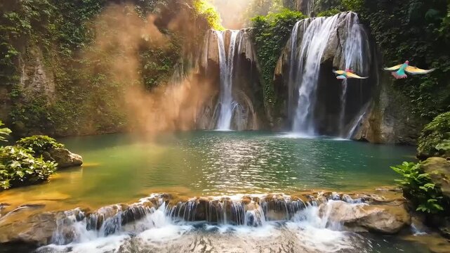 Sunlit tropical waterfall cascading into emerald pool surrounded by lush rainforest foliage serene natural paradise landscape scene. Tropical waterfall in rainforest