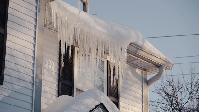 Long, sharp melting icicles hanging from the roof edge above the window with shutters. Water droplets fall as sunlight warms the frozen formations. View from below