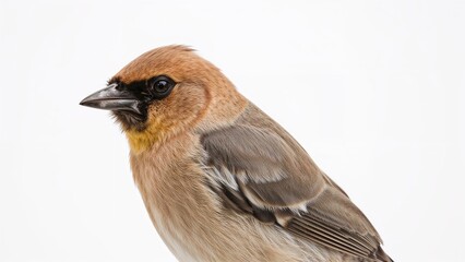 Fototapeta premium Bird species close-up with brown and yellow plumage, detailed feathers, and a black beak. Wildlife and nature photography. The concept of avian and bird observation.