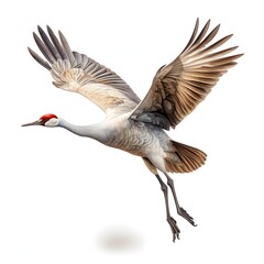 Fototapeta premium Sandhill crane gracefully soars through the air with its wings spread wide