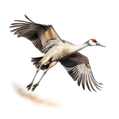 Obraz premium Sandhill crane soars gracefully through the air with its wings spread wide open