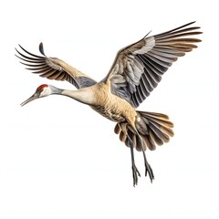Fototapeta premium Sandhill crane takes flight with wings spread on a bright day