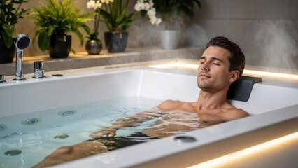 Young man relaxing in hydrotherapy tub surrounded by plants  