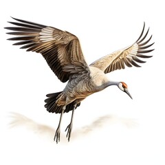 Fototapeta premium Elegant sandhill crane soaring with outstretched wings on white background