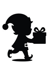Elf Silhouette Holding Gift Box, Clean Minimal Vector Illustration