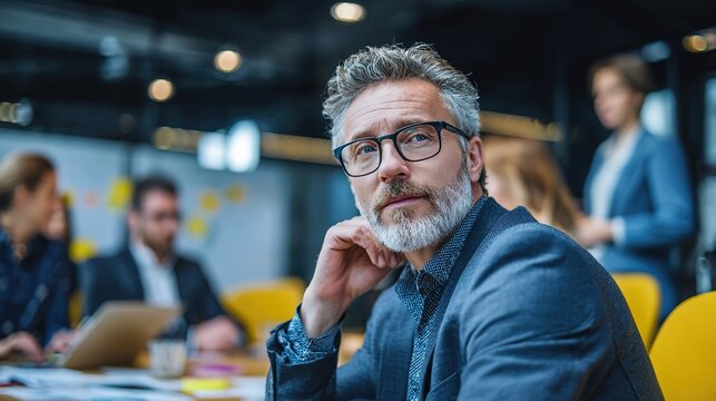 Thoughtful Vision: A focused business leader, exuding wisdom and experience, gazes confidently at the viewer in a modern office setting.