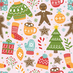 Colourful Christmas seamless texture. Cute hand drawn decorations. Vector illustration