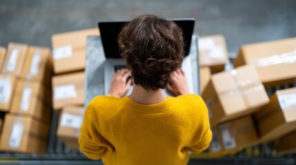 A person wearing a yellow sweater types on a laptop in a busy warehouse. Surrounded by stacked boxes, this image captures the essence of logistics and modern work. A focus on productivity. AI