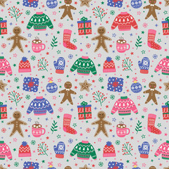 Colourful Christmas pattern. Hand drawn festive elements. Vector illustration