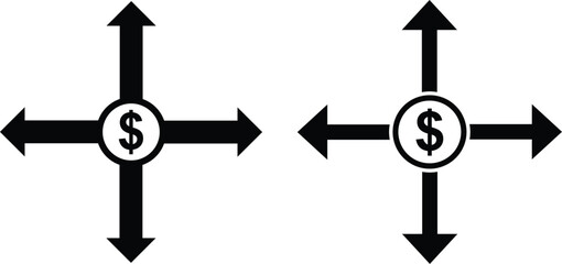 Two black dollar sign with four directional arrows pointing outwards money finance