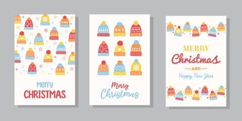 Christmas greeting card set  in retro style. Poster with hand drawn winter hats. Vector illustration