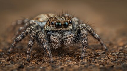 Close-up of a jumping spider with detailed eyes and furry body on brown ground. Insect and arachnid, macro shot. Nature and wildlife, focus on the jumping spider.