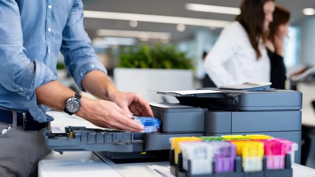 Technician carefully replacing ink cartridge in modern inkjet printer inside a bright office setting focusing on precision and maintenance.